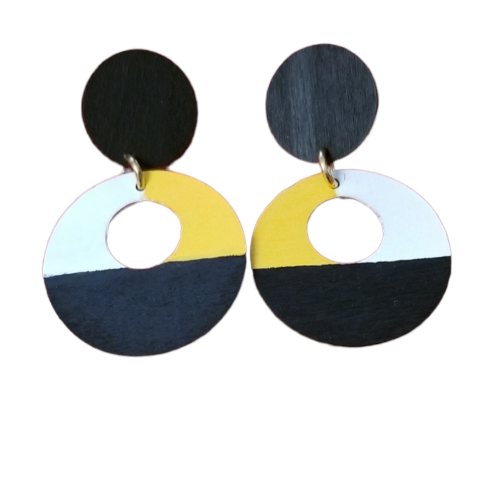 Yellow/Black/White Handmade Hand Painted Wooden Earrings